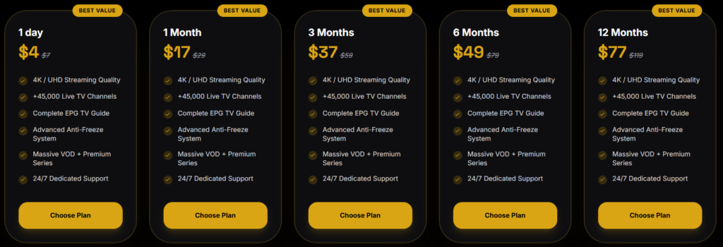 Bentvpro IPTV pricing